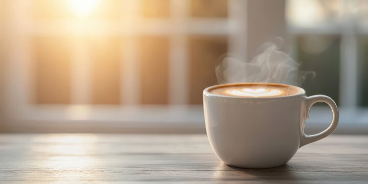 National cappuccino day with hot caffeine idea. Steaming coffee cup on a wooden table with sunlight backdrop. - Powered by Adobe