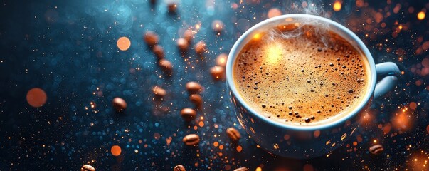 National cappuccino day with hot caffeine idea. Rich coffee with beans and swirling bubbles on a dark background.