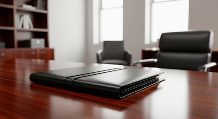 Black leather portfolio on mahogany table, showcasing business professionalism and organization, ideal for corporate branding or presentations, clean and modern office setting