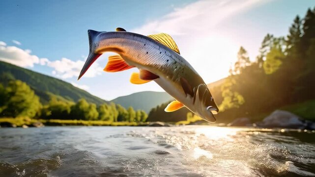 Freshwater fish leaps over river with splashing water against scenic landscape