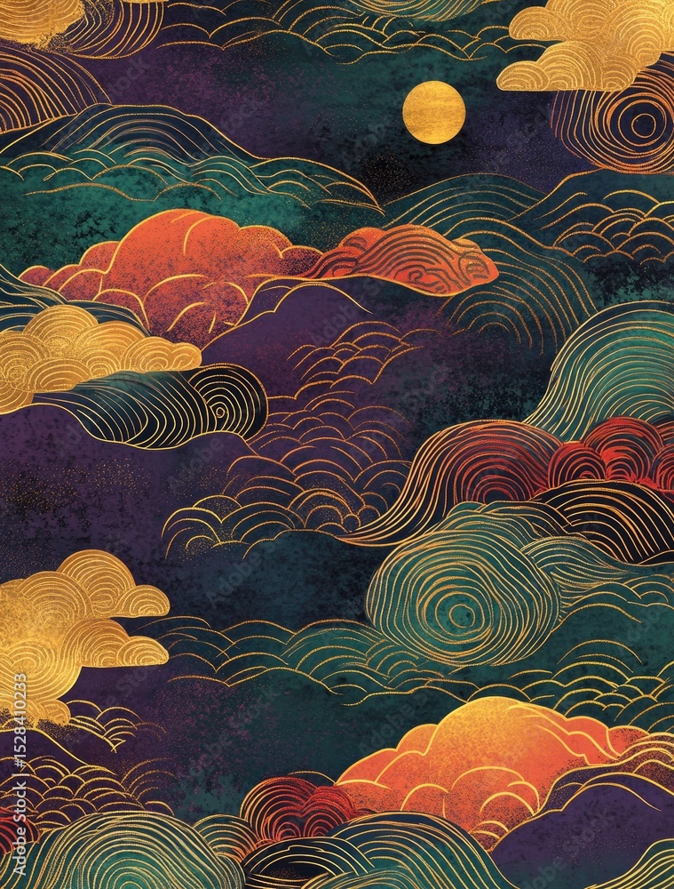 Poster a vibrant tapestry of stylized mountains and clouds, rich with colors and intricate details. golden 