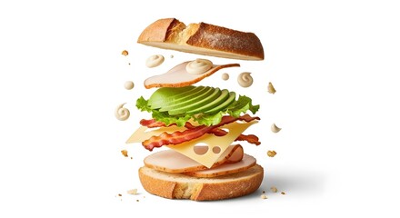 Gourmet Sandwich Ingredients Exploding Food Photography Commercial isolated on white background 