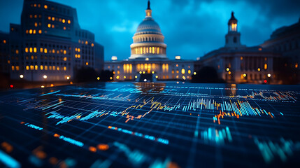 US Capitol Building at Night with Financial Data Overlay