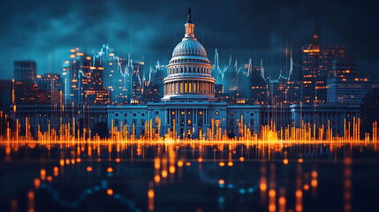 Fototapeta premium US Capitol Building at Night with Stock Market Data Overlay