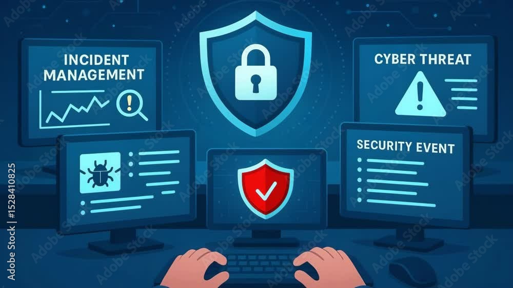 Poster a digital illustration depicting the importance of cybersecurity, featuring multiple monitors displa
