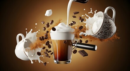 Artisan Coffee Drink Ingredients Floating Beverage Photography isolated on white background