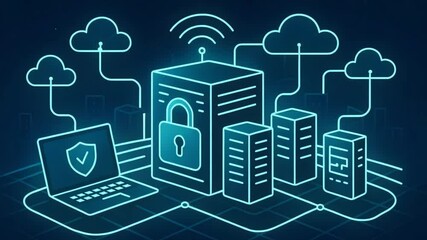 A digital illustration of secure server systems connected to cloud networks, showcasing modern cybersecurity and data storage technology with vibrant blue accents.