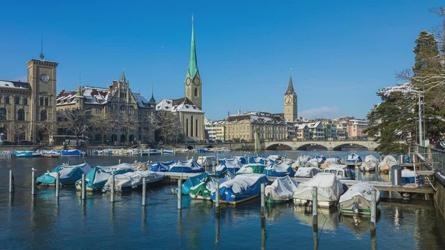 Time lapse, European town covered with snow. Zurich in snow, Switzerland