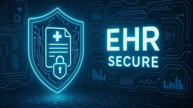 A digital representation of secure electronic health records (EHR) showcasing a shield icon with a locked file. Emphasizing the importance of data protection in healthcare systems.