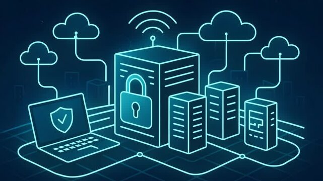A digital illustration of secure server systems connected to cloud networks, showcasing modern cybersecurity and data storage technology with vibrant blue accents.