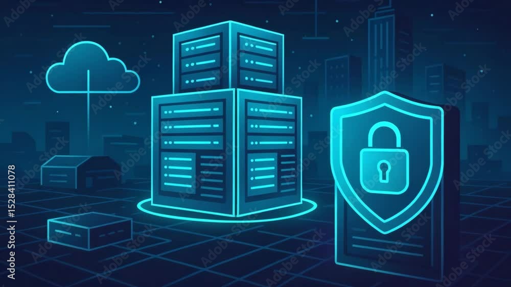 Poster a futuristic digital illustration featuring server stacks, cloud computing, and security icons, repr