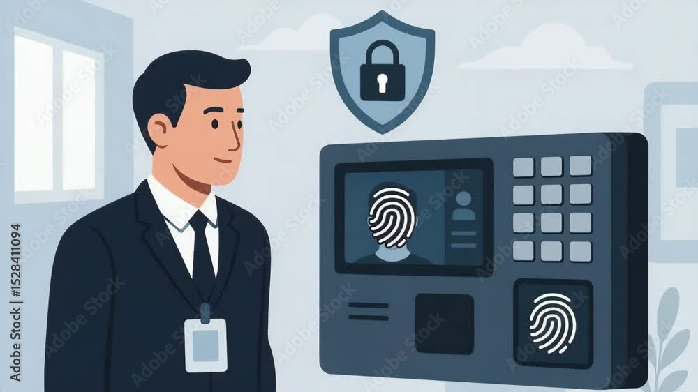 Poster a professional man interacting with a biometric access control system, showcasing modern security te