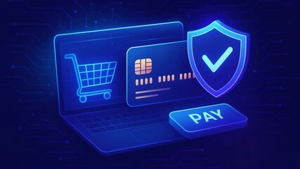 Modern digital payment concept featuring a laptop, shopping cart, credit card, and secure transaction button - Powered by Adobe