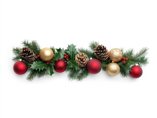 Holiday garland with traditional ornaments, perfect for Christmas decor and winter celebration visuals, on a white background.