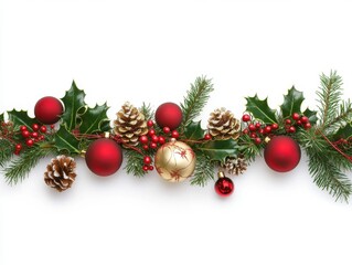 Holiday garland with traditional ornaments, perfect for Christmas decor and winter celebration visuals, on a white background.