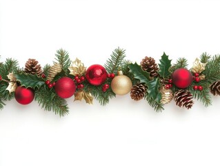 Christmas garland with red and gold baubles, pine cones, and holly, isolated on white for seasonal decoration and festive home styling.
