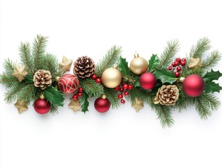 Christmas garland with red and gold baubles, pine cones and holly, isolated on white background, traditional holiday decorations for festive home decor and seasonal design