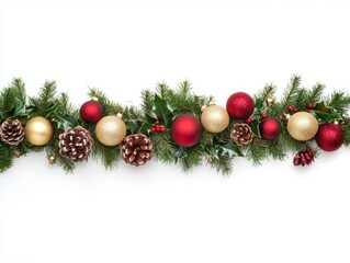Christmas garland with red and gold baubles, pine cones and holly, isolated on white background, traditional holiday decorations for festive home decor and seasonal design