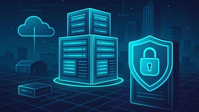 A futuristic digital illustration featuring server stacks, cloud computing, and security icons, representing modern data storage and cybersecurity solutions in a sleek design. - Powered by Adobe