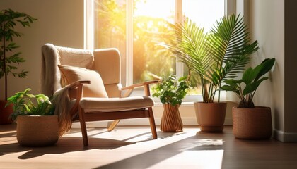 cozy corner with sunlit chair and plants