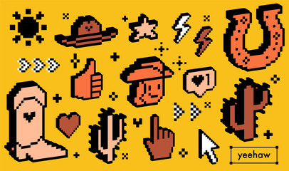 A set of pixel art icons with 3d effect. Digital wild west stickers. Cowboy hat, cowboy boot, cactus, horseshoe, heart, star and cute digital objects. 8 bit style retro elements for gaming interface