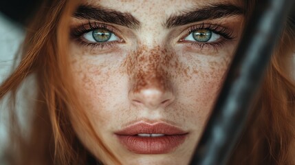 Close-up portrait of a woman with striking freckles and stunning eyes, conveying deep emotion and connection, framed by her flowing hair and a soft background.