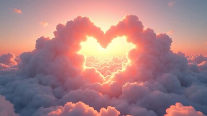 Heart shaped clouds at sunset. Romantic cloudscape image with sun shining through heart shaped hole in clouds. Perfect image for Valentine's Day cards, romantic themed social media posts, - Powered by Adobe