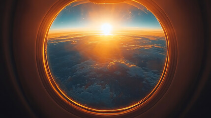 Fototapeta premium Aerial View of Sunset Through Airplane Window Golden Hour Above the Clouds