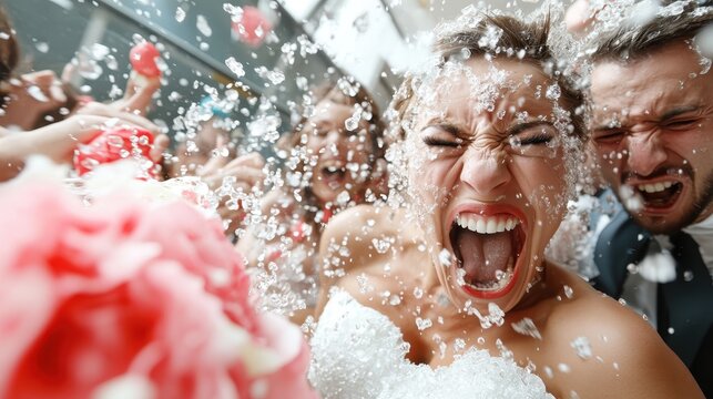 A joyful bride amidst a shower of confetti, embodying the excitement and emotions of a wedding celebration, surrounded by friends and family in a festive atmosphere.