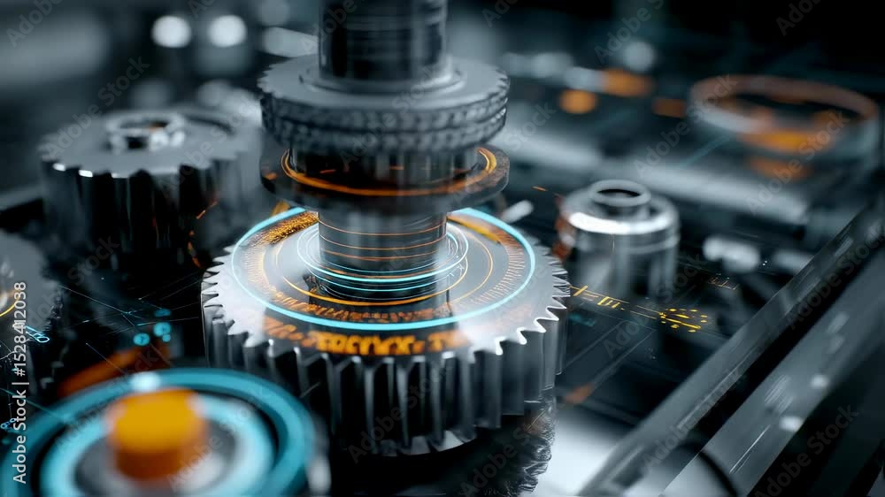 Poster complex metallic gears interact, rotating smoothly with a futuristic heads up display, showcasing ad