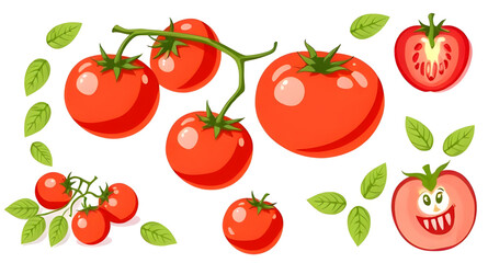 Tomato set vector, Tomatoes illustration, Red tomato, Ripe tomatoes, Fresh tomato set, Tomato collection, Tomato clipart, Whole tomato vector, Sliced tomato, Tomato halves, Tomato pieces, Cherry tomat
