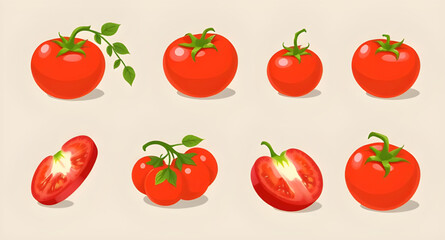 Tomato set vector, Tomatoes illustration, Red tomato, Ripe tomatoes, Fresh tomato set, Tomato collection, Tomato clipart, Whole tomato vector, Sliced tomato, Tomato halves, Tomato pieces, Cherry tomat