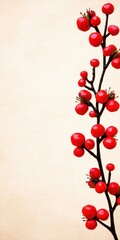 Striking Red Berries on Dark Branch Beige Background Vertical Composition
