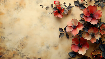 Elegant Red Flowers on Antique Parchment Background