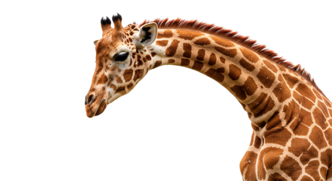 This portrait showcases a giraffe's neck and head with a patterned coat.