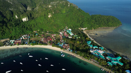 Phi Phi Islands. View from a great height of the inhabited island of Phi Phi Don, yachts and many...