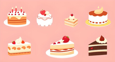 Birthday cake vector, Set of birthday cakes, Cake illustration, Celebration cake vector, Birthday dessert vector, Birthday cake clipart, Candle cake vector, Layered cake vector, Icing cake vector, Cho