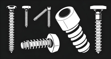 Screws and bolts vector, Hardware vector, Metal fasteners, Screw vector illustration, Bolt vector art, Nut and bolt vector, Industrial hardware, Tools vector, Construction screws, Mechanical parts vec