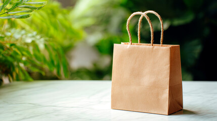 A close-up shot focuses on a small, brown paper shopping bag standing upright on a white marble surface