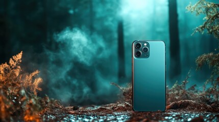 A captivating image of a smartphone set against an ethereal forest backdrop, shrouded in mist, merging technology with nature in a mysterious and captivating composition.
