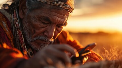 Fototapeta premium An elderly man wearing traditional attire carefully examines his mobile device under the golden light of sunset, blending modern technology with cultural heritage.