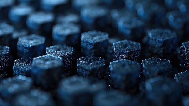 An abstract close-up of hexagon patterns emerges in deep blue tones, creating a visually striking and thought-provoking exploration of texture and design elements.