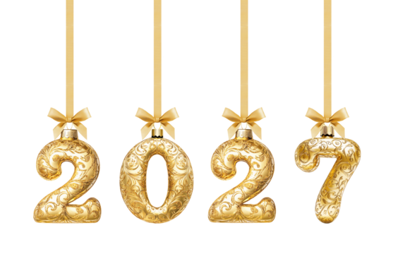 Golden 2027 Number Baubles New Year Hanging on Ribbon Bow Isolated on White and Png Transparent Background