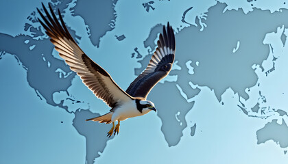 Obraz premium Majestic Eagle Flying Over A World Map Symbolizing Global Business And Reach