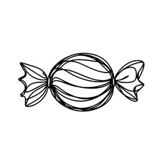 Black and white outline illustration of a round striped candy with wrapper ends, simple design against a white background, concept of candy shop or confectionery