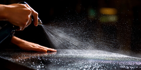 Cleaning surface with water spray
