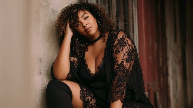 Confident plus size model wearing black lace lingerie and choker necklace posing against textured wall, embodying body positivity with elegant, sensual style
