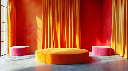Vibrant Orange and Pink Velvet Poufs and Curtains in a Modern Interior
