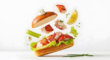 Gourmet Sandwich Ingredients Exploding Food Photography Commercial isolated on white background 