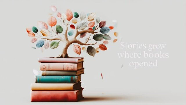 A whimsical tree of knowledge grows from a stack of books. Animated text and falling leaves create a serene metaphor for learning, imagination, and storytelling.